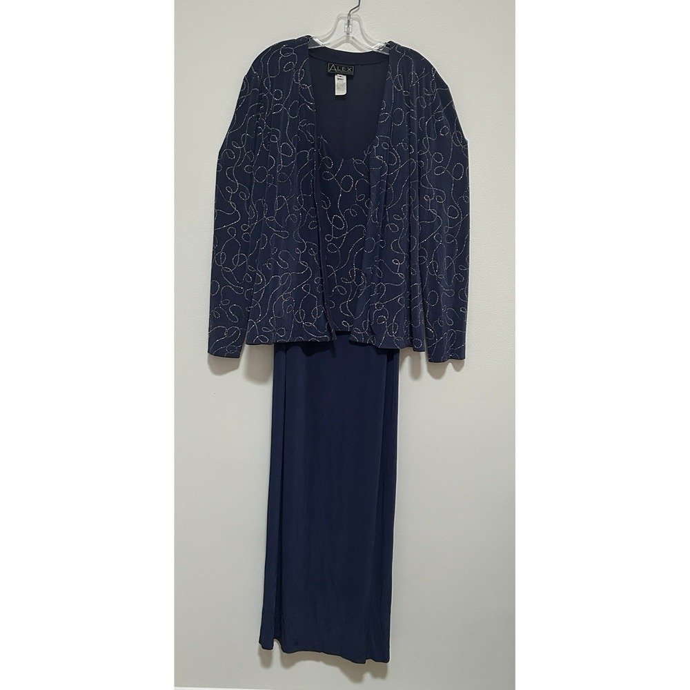 Alex Evenings Navy Blue Sequin 2-Piece Gown With Jacket Sz 18 Formal Occasion